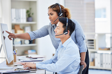 Aufkleber - Business people, call center training and computer for manager advice, customer support and feedback in office. Consultant woman, man or agency employees with teamwork, help and online communication