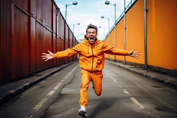 Young man running towards the camera between containers.