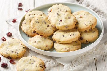 Wall Mural - buttery cranberry orange shortbread cookies closeup on the plate on the wooden table. Horizontal