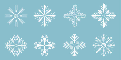 Wall Mural - Group of eight snowflakes, Winter set of white snowflakes isolated on light blue background. Snowflake icons. Snowflakes collection for design Christmas concept