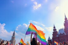 AI Art. Russian LGBTQ Persons Gather Together On The Red Square For A Demonstration To Stand For Their Rights. A Protest In Moscow For Rights Of Gays. Pride. United With LGBT. Waving LGBT Flag In Rus