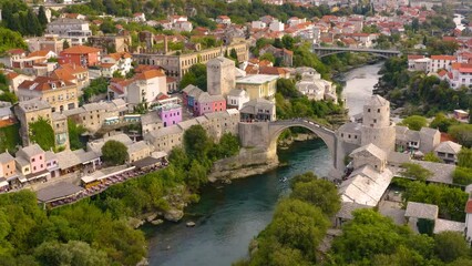 Canvas Print - Cityscape of Mostar and its attractions. Aerial view