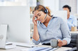 Woman, call center and headache or stress, frustrated and burnout or crisis, tired and fatigue for fail. Black female agent, migraine and exhausted at work, depression and anxiety or drinking coffee