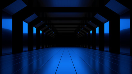 Fototapete - Sci Fi neon glowing lines in a dark tunnel. Reflections on the floor and ceiling. 3d rendering image. Abstract glowing lines. Technology futuristic background.