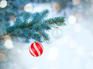 Wall Mural - christmas tree branch with red christmas ornaments on bokeh background