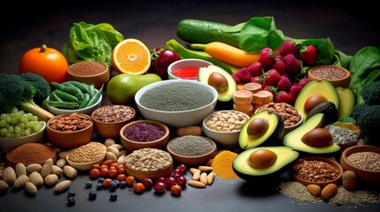 Health food for fitness concept with fruit, vegetables, pulses, herbs, spices, nuts, grains and pulses. High in anthocyanins, antioxidants, generative ai