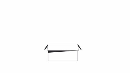 Poster - Open cardboard box collecting stationery supplies bw outline 2D object animation. Packing stationary monochrome linear cartoon 4K video. Resignation box animated item isolated on white background