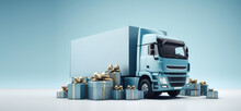 Truck With Bunch Of Presents. 3d Render Style Illustration, Cartoon Creative Concept Of Gift Delivery Service, Sale, New Year Promotion, Present Time.