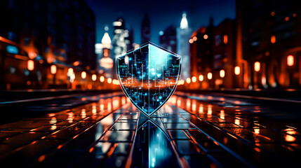 A shield of protection against computer viruses. Cybersecurity Concept