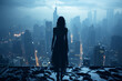 Fantasy, psychology concept. Woman with long dress standing in the edge of the skyscraper roof top and watching to horizon. Nostalgic and melancholic mood. Futuristic polluted city in background