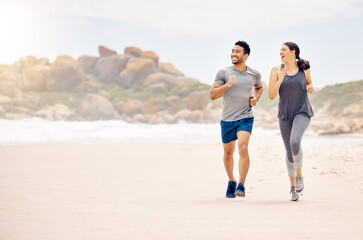 Poster - Couple of friends, running and exercise on beach for workout, training and happy with cardio health on nature mockup. Excited woman, man or personal trainer thinking of outdoor fitness by the ocean