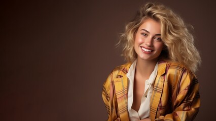 Wall Mural - Smiling fashion model blonde in patterned yellow jacket and white top on dark brown shaded background