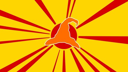 Poster - Wizard hat symbol on the background of animation from moving rays of the sun. Large orange symbol increases slightly. Seamless looped 4k animation on yellow background