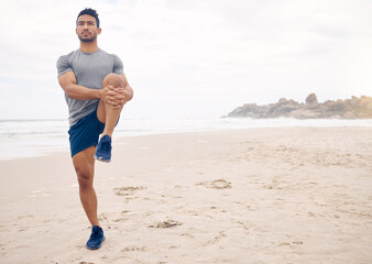 Canvas Print - Fitness, stretching and space with a man on the beach at the start of his workout for health or wellness. Exercise, thinking and warm up with a young athlete training outdoor by the ocean or sea