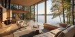 A modern lakeside wooden cabin, styled in the fisherman house tradition, stands gracefully atop the water's surface, giving an impression of floating serenely on the lake.