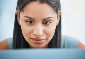 Aufkleber - Business, thinking and woman with a laptop, ideas and connection with internet, professional and solution. Agent, person and employee with pc, worker and online reading with planning, tech and choice