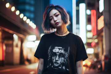 Wall Mural - Asian young woman in punk style clothes with the city lights on the background