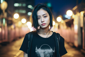 Wall Mural - Asian young woman in punk style clothes with the city lights on the background