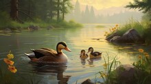 Ducks Swimming In A Lake With Ducks, A Couple Watching Ducklings Play Express Warm, Cuddled By A Family Living Happily And Peacefully Together.