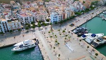 Great Aerial Top View Flight 
Harbor Promenade Ibiza Town Spain. Drone Camera Pointing Down
4k Landscape Footage