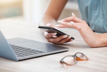 Canvas Print - Hands, phone and a business woman at a desk in her office for communication, networking or search. Laptop, planning and glasses with an employee typing a text message closeup in the workplace