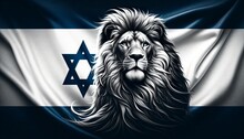 Generative AI Image Of Gray Tones Lion Over A Flag Of Israel