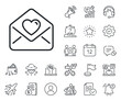 © blankstock - Heart mail sign. Salaryman, gender equality and alert bell outline icons. Love letter line icon. Valentine day symbol. Love letter line sign. Spy or profile placeholder icon. Vector