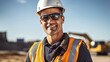 Successful Bearded Civil Engineer Wearing Protective Goggles And Smiling At Camera On Construction Site on a Sunny Day While Heavy Machinery Working. Man Holding Tablet, Wearing Hard Hat, Safety Vest