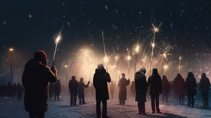 many people holding sparklers in winter park, christmas and new year theme celebrating