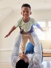 Sticker - Airplane, happy and portrait of child with father in the living room of modern house having fun. Smile, love and young African boy kid playing with his dad on the floor of the lounge at home together