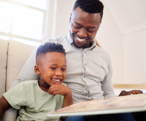 Wall Mural - Happy dad, reading and child in home with a book on sofa for development of language, education and learning. Father, teaching and show kid a storytelling in books and relax in living room on couch