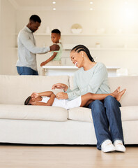 Sticker - Mother, child and tickle on couch, play and bonding together at home, fun and care in living room. Black family, daughter and love in connection, comedy and silly or goofy, laughing and happiness