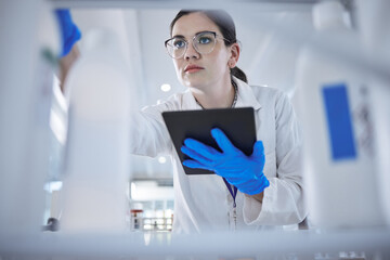 Poster - Woman, medical scientist and tablet in lab for test results check, future trial or science solution. Female person, digital device and thinking or review breakthrough hope, idea in biotechnology