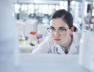 Poster - Woman, medical research and lab thinking for vial discovery or future vaccine, review or health technology. Female person, glasses in study breakthrough or antibiotic, help results or innovation idea