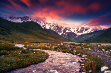 Wall Mural - Great valley in day light at the foot of Mt. Shkhara. Location place Upper Svaneti, Georgia, Europe.