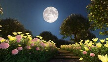 A 3D Rendering Of A Garden Blooming With Flowers Under The Moonlight In A Low-angle View