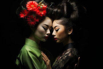 Wall Mural - two geisha women wearing traditional japanese costumes on a black background