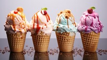 Closeup Image Of Four Ice Cream Cones With Different Flavours And Berries.