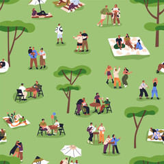 Poster - Open-air street festival, seamless pattern. Endless background, print with tiny people relaxing at outdoor fest in park, nature on summer holiday. Flat vector illustration for textile, decoration