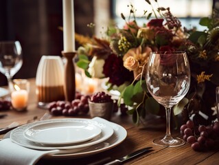 Dinner table setting for Thanksgiving dinner in a restaurant Traditional Thanksgiving turkey dinner.