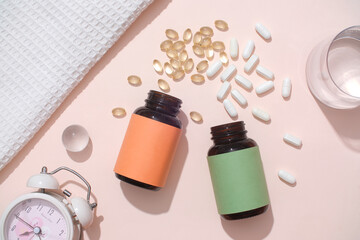 The white pills and vitamin E capsules were poured from two unbranded pill bottles. On the table there is a glass of water, cloth towel and an alarm clock. Mockup for advertising with medicine theme.