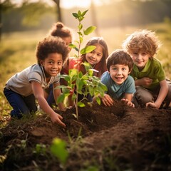 multicultural group of children planting a tree together, new generations saving the planet