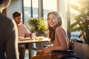 young woman in wheelchair at cafe with friends, smiling, happy