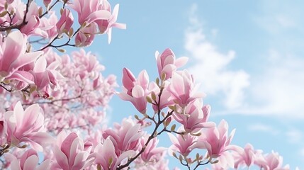 Ideal background of nature for spring or summer. Soft blue sky and pink magnolia blossoms provide a calming, gloomy close-up