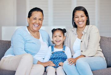 Woman, happy family and generations in portrait on sofa with smile for memory, milestone or growth. Grandma, mom and little girl in living room for love, support or together by care for relationship