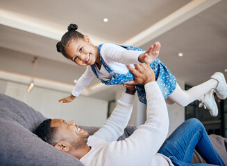 Canvas Print - Father, child and airplane play at home, fun and bonding in childhood, love and smile for freedom. Happy, dad and daughter on couch, flying and portrait or face, joy and excited for fantasy game