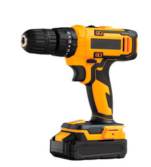 Poster - Orange cordless electronic screwdriver drill hand tool isolated white background. DIY industry construction hobby concept