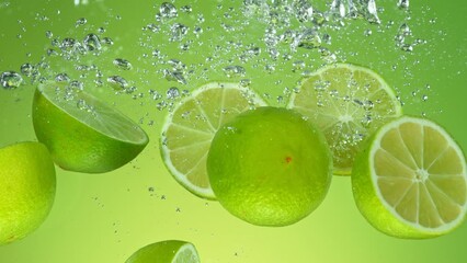 Sticker - Super Slow Motion of Falling Limes Into Water, Isolated on Green Background. Filmed on High Speed Cinema Camera, 1000 fps. Speed Ramp Effect.