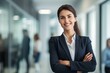 Happy confident business woman leader looking away standing in office. Smiling professional businesswoman manager executive, female worker feeling cheerful thinking of financial success. generative AI