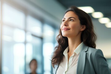 Poster - Happy confident business woman leader looking away standing in office. Smiling professional businesswoman manager executive, female worker feeling cheerful thinking of financial success. generative AI